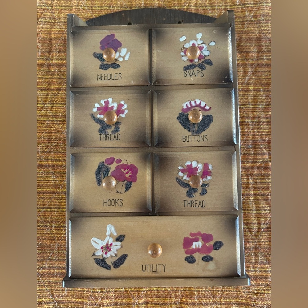 Japan Vintage Wooden Sewing Organizer with Floral Design